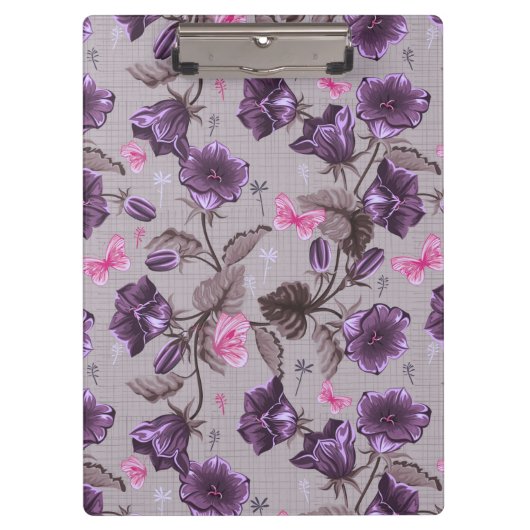 violette Handglocken und rosa Schmetterlingsmuster Klemmbrett (Vorderseite)