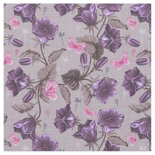 violette Handglocken und rosa Schmetterlingsmuster Stoff (Nahaufnahme)