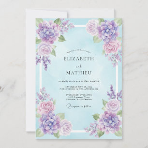 Violette Hortensien-Himmel-Eukalyptus-Hochzeit Einladung