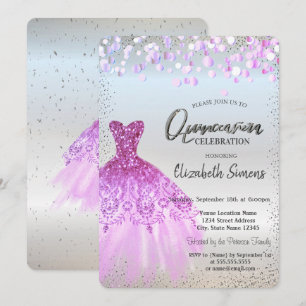 Violette Konfetti Punkte, Kleid Silber Quinceañera Einladung