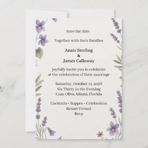 Violette Lavendel-Blumen-Save-the-Date-Karte Einladung