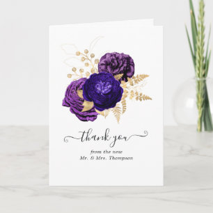 Violette, lila und goldene Blumenhochzeitsfotos Dankeskarte