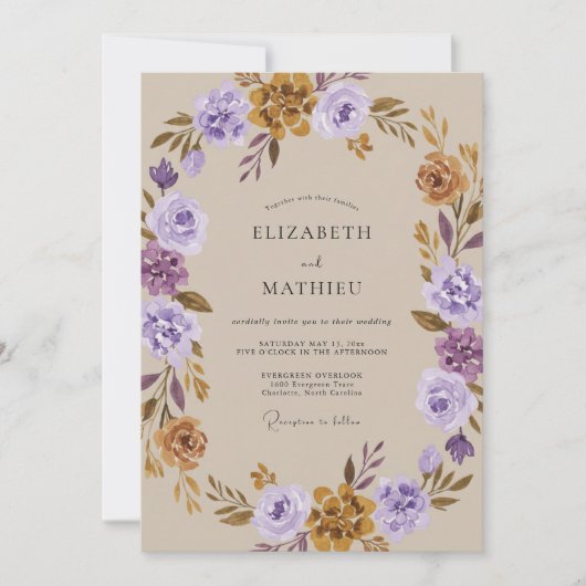 Violette Ocker-Ranunculus-Eukalyptus-Hochzeit Einladung (Vorderseite)