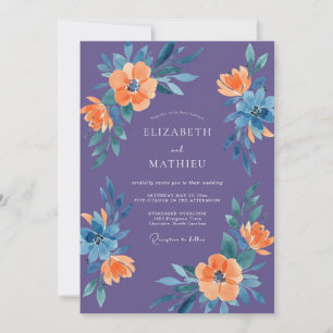 Violette Orange Botanische Aquarell-Hochzeit Einladung