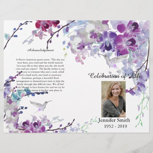 Violette Orchideen Kolibri Trauerprogramm Flyer (Vorne)