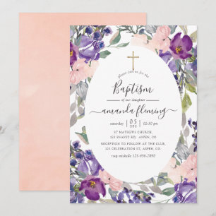 Violette, Pflaumen- und Rosafarbene Florale Taufe Einladung