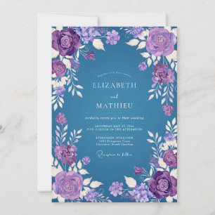 Violette Stahlblaue Aquarell-Blumenhochzeit Einladung