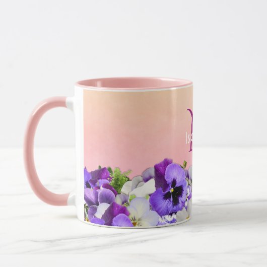 Violette Stiefmütterchen Blume auf Pfirsich mit Mo Tasse (Links)