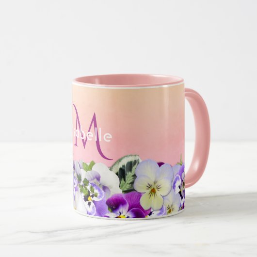 Violette Stiefmütterchen Blume auf Pfirsich mit Mo Tasse (VorderseiteRechts)
