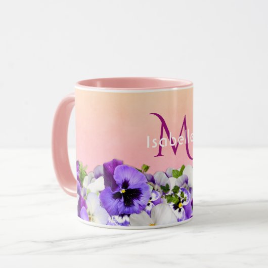 Violette Stiefmütterchen Blume auf Pfirsich mit Mo Tasse (Vorderseite Links)