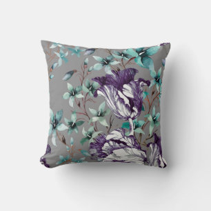 Violette Tulpen: Graue Wildblumen Kissen