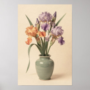Violette und Aprikosen-Schwertlilien im Salbei-Vas Poster