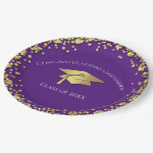 Violette und goldene Abschlussfeier Pappteller (Schrägansicht)