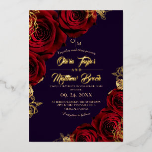 Violette und rote Blumen Goldfolie Hochzeit Folieneinladung