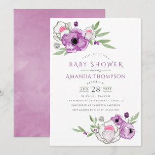 Violette und Salbei-Wasserfarben-Blumen-Baby-Party Einladung