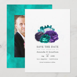 Violette und Türkisfarbene Blumige Hochzeitsfoto-S Save The Date