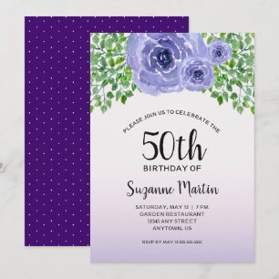 Violette Wasserfarben Blumen   50. Geburtstagspart Einladung