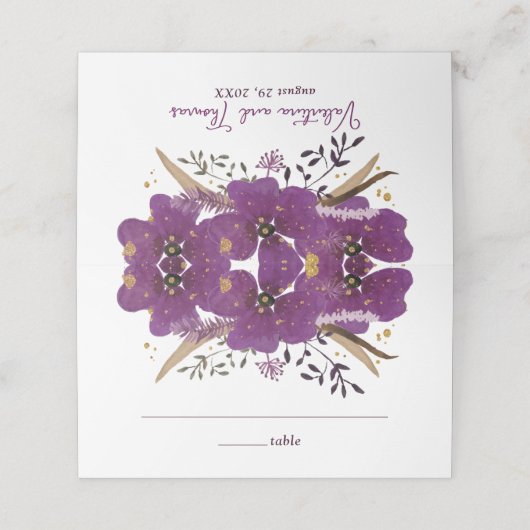 Violette Wasserfarben Blumen Platzkarte (Außenseite Aufgefaltet)