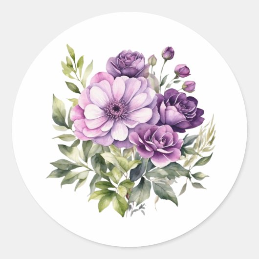 Violette Wasserfarben Blumen Runder Aufkleber (Vorderseite)