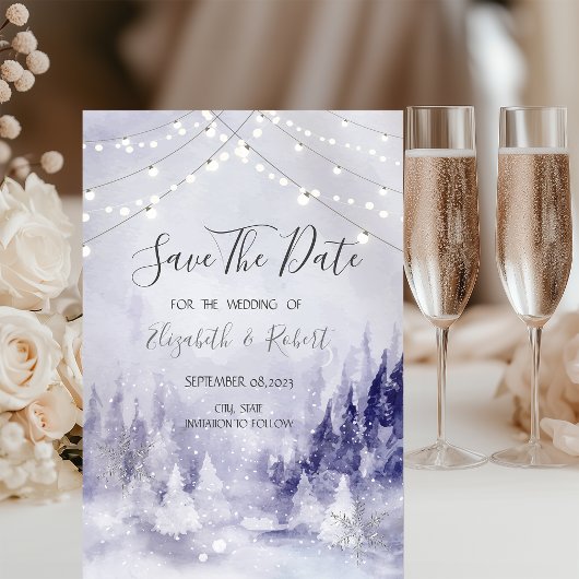 Violette Winterlandschaft Schneeflocken Termin vor Save The Date