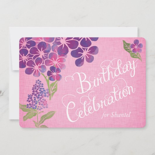 Violetten auf rosa Linen Custom Birthday Einladung (Vorderseite)