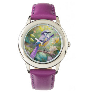 Violetter Haubenjay Fantasie Vogel Armbanduhr