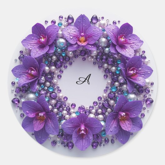 Violetter Orchideen-Kranzschmuck mit Perlen Runder Aufkleber (Vorderseite)