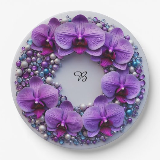 Violetter Orchideenkranzschmuck mit Perlen Pappteller (Vorderseite)