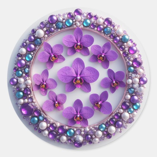 Violetter Orchideenkranzschmuck mit Perlen Runder Aufkleber (Vorderseite)