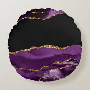 Violetter schwarzer Marmor Achat Glam goldener Gli Rundes Kissen