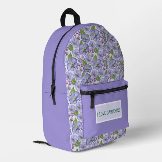 Violetter Stiefmütterchengarten Bedruckter Rucksack (Rückseitige Ecke links)
