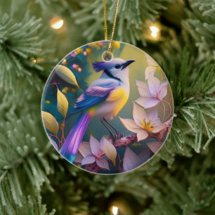 Violetter Tuffgelber Fantasie Vogel mit Brustschmu Keramik Ornament