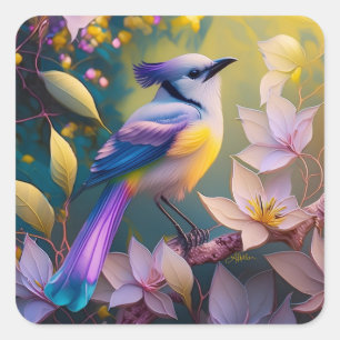 Violetter Tuffgelber Fantasie Vogel mit Brustschmu Quadratischer Aufkleber