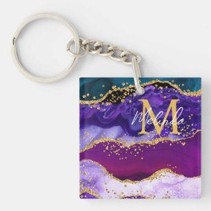 Violetter und blauer Pfauen-Faux-Glitter-Achat Schlüsselanhänger
