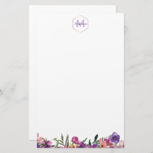 Violettes rosa und blaues Blumengrenzmonogramm Briefpapier (Vorne/Hinten)