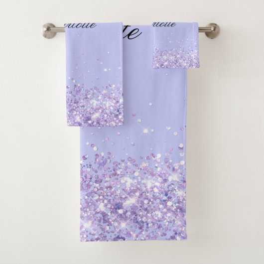 Violettlavendel Glitzer Name elegant Badhandtuch Set (Insitu)