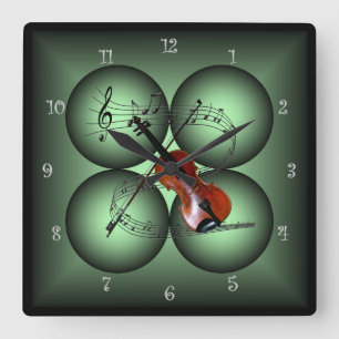 Violin - Four Globe - Musical Clock Quadratische Wanduhr