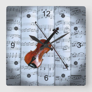 Violin ~ Rollenbogen Musik ~ Blue Tint Hintergrund Quadratische Wanduhr