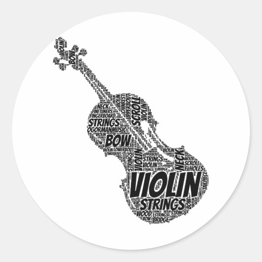 Violin Shaped Word Art Black Text Runder Aufkleber (Vorderseite)