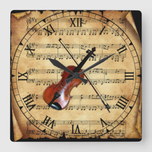 Violin ~ Vintage Sheet Music Background ~ Unique ~ Quadratische Wanduhr