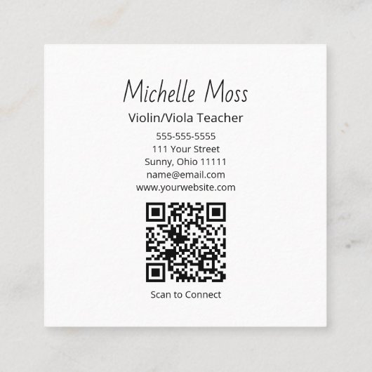 Violin Viola Music Lessons QR code Black White Quadratische Visitenkarte (Rückseite)