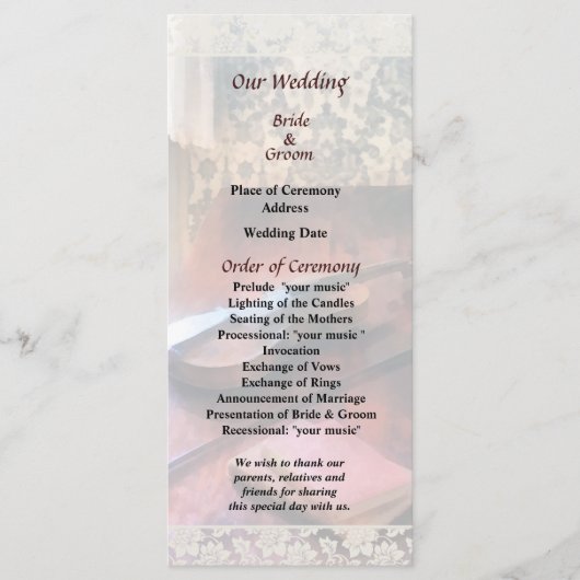 Violine auf Credenza-Hochzeitsprogramm Programm (Vorderseite)
