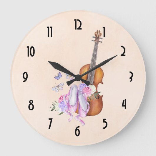 Violine, Ballett-Schuhe, Blumen und Schmetterlinge Große Wanduhr (Vorderseite)