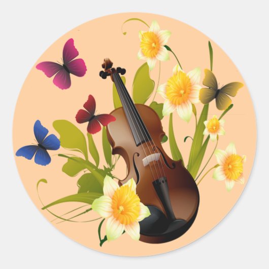 VIOLINE, BLUMEN UND SCHMETTERLINGE RUNDER AUFKLEBER (Vorderseite)