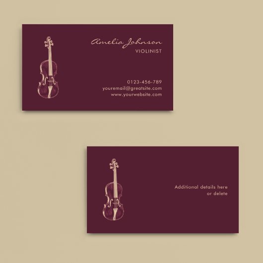 Violinist Burgundy Elegante Script Music Teacher Visitenkarte