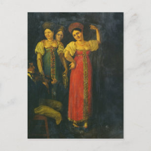 Violinist und drei Frauen tanzen Postkarte