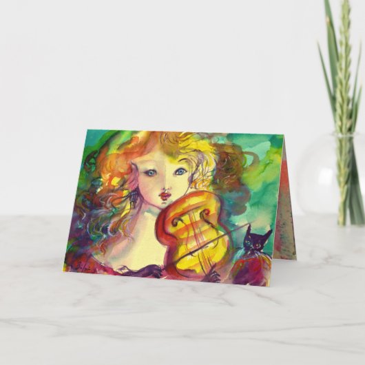 VIOLINISTISCHES MÄDCHEN, VIOLIEN UND CAT-Happy zum Karte (Vorderseite)