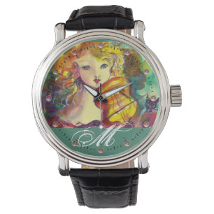 VIOLINISTISCHES MÄDCHEN, VIOLIEN UND CAT-MONOGRAMM ARMBANDUHR