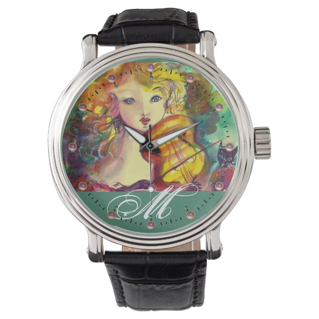 VIOLINISTISCHES MÄDCHEN, VIOLIEN UND CAT-MONOGRAMM ARMBANDUHR (Vorderseite)
