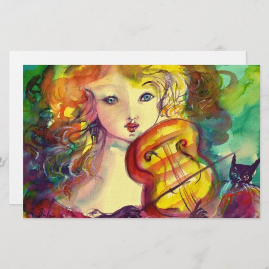 VIOLINISTISCHES MÄDCHEN, VIOLIEN UND KATZE BRIEFPAPIER (Vorne/Hinten)